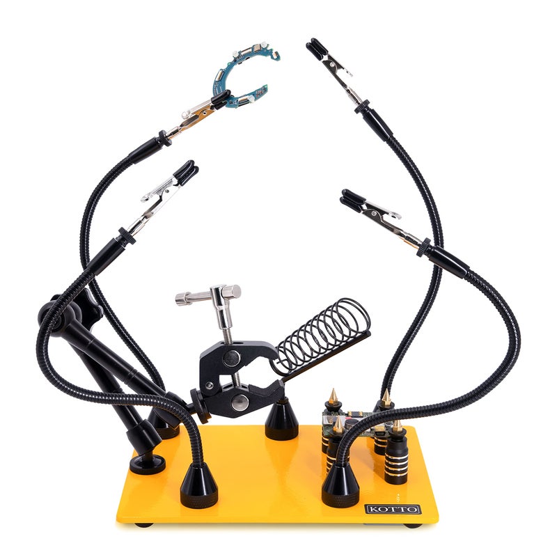 KOTTO LED Lighted Magnifying Third Hand Soldering PCB Holder Tool Five Arms Helping Hands Crafts Jewelry Hobby Workshop Helping Station Non-slip weighted base, LED Lamp - Image 1